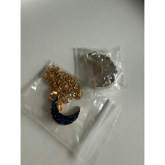 Set of 2 Crescent Moon Pendant Necklace, Gold Chain with Druzy Geode Stone Charm - Picture 1 of 3
